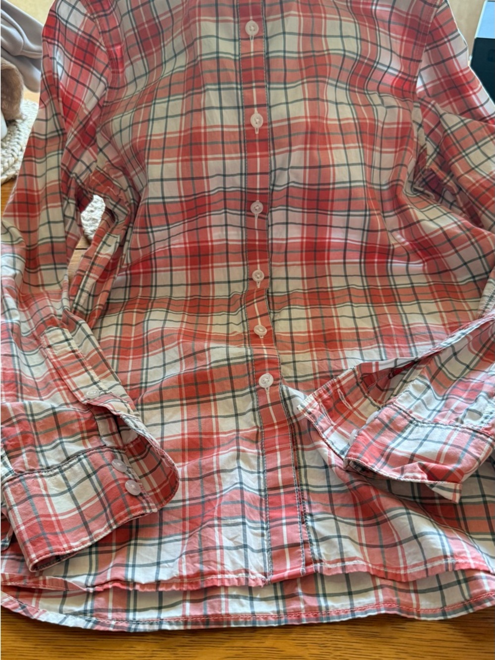 Garnet Hill Coral and White Plaid Button-Down Shirt